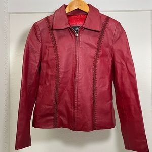 Oscar Piel Women's L | Burgundy Red Leather Jacket Front Crochet Style Stitching